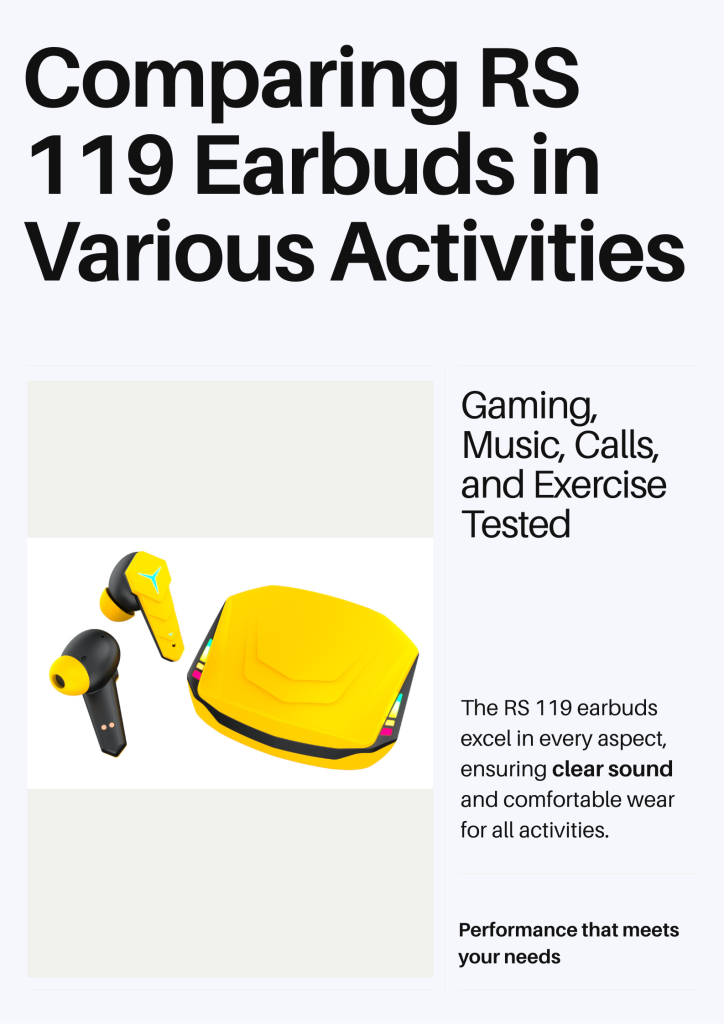 Infographic comparing RS 119 earbuds' performance in gaming, music, phone calls, and exercise.