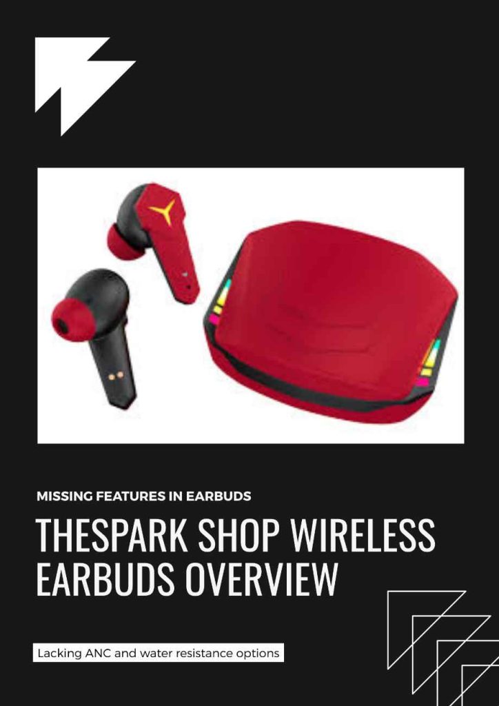 Infographic showcasing the missing features in TheSpark Shop Wireless Earbuds: Active Noise Cancellation, water resistance, and durability.