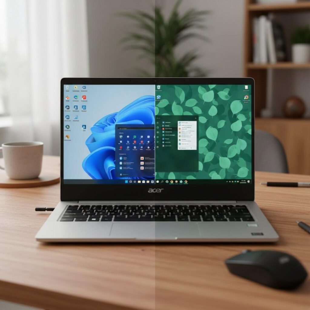 Acer-laptop-showing-Windows-11-and-Linux-side-by-side-comparison