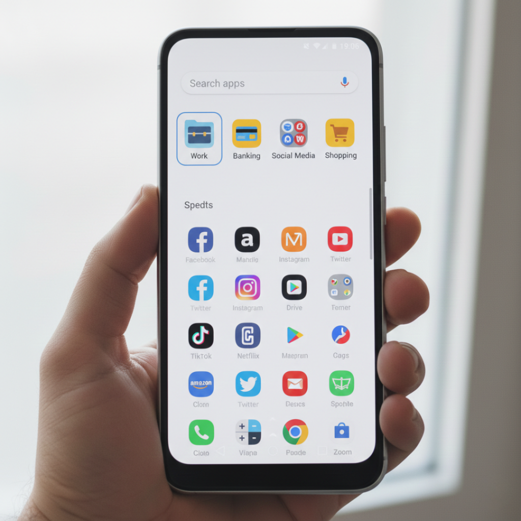 what is app drawer in android with categorized folders like Work, Banking, Social