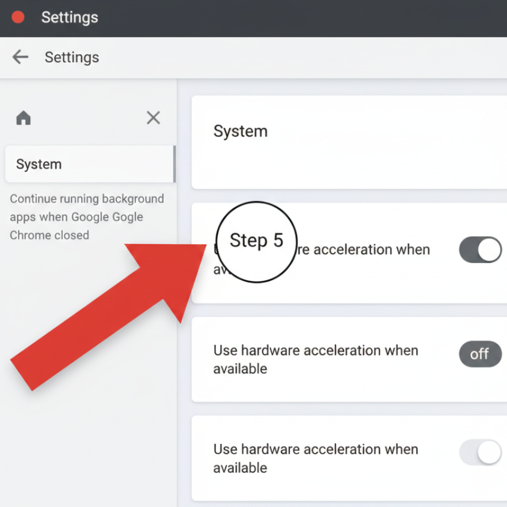 Chrome settings page showing how to disable hardware acceleration