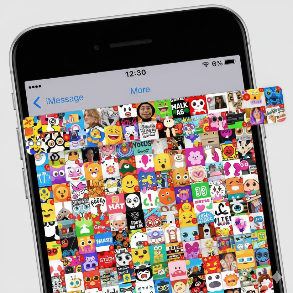 Cluttered iMessage sticker drawer filled with multiple sticker packs