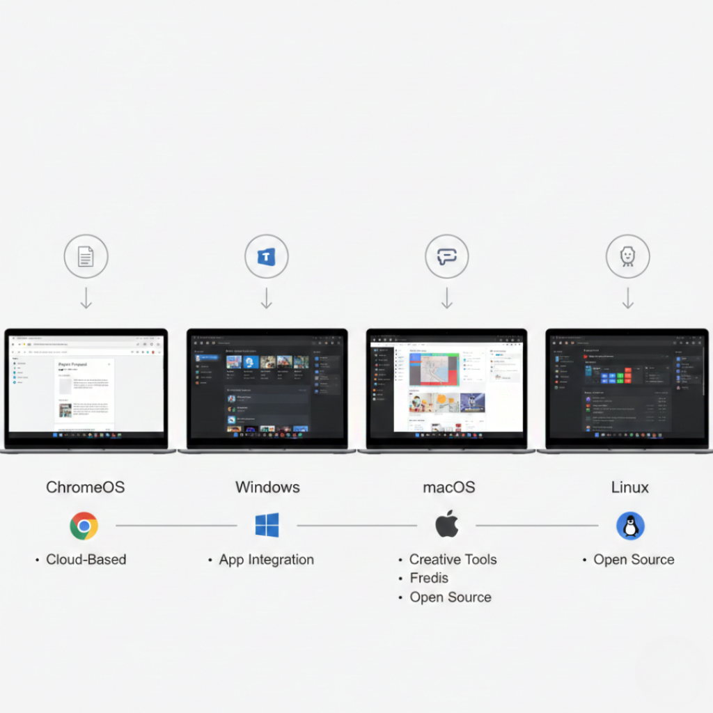 Comparison of ChromeOS, Windows, macOS, and Linux running browser-based web applications
