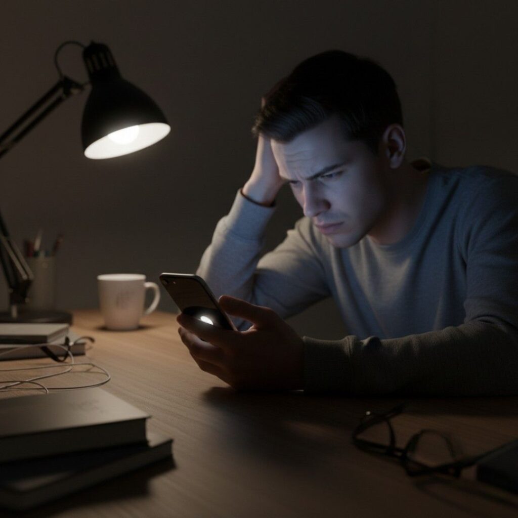 Frustrated phone user noticing white spot on mobile screen at night