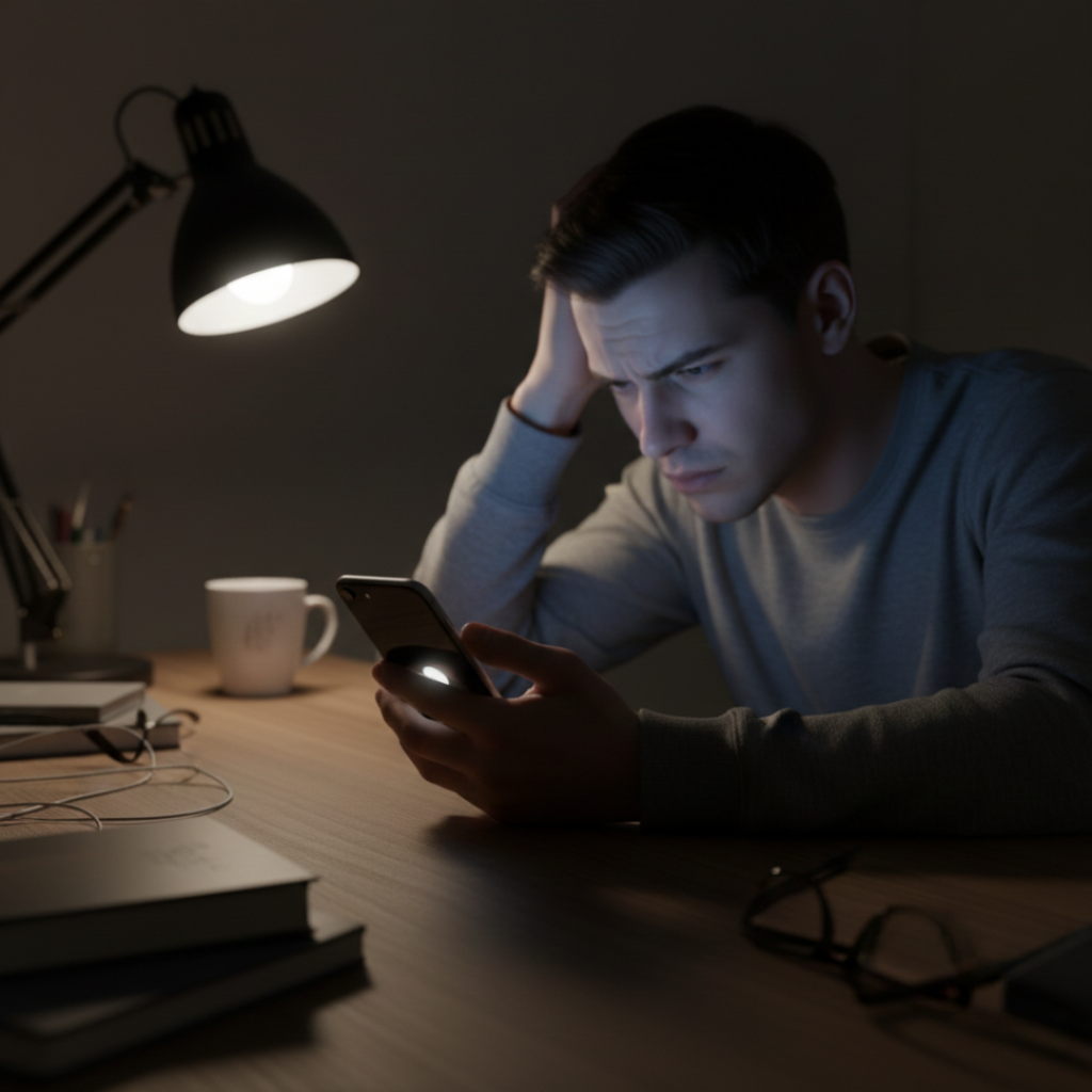 Frustrated phone user noticing white spot on mobile screen at night