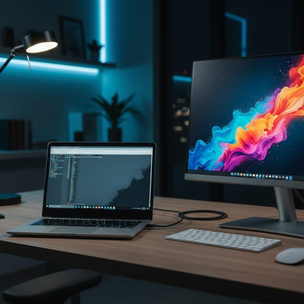 Laptop with screen shadow connected to external monitor