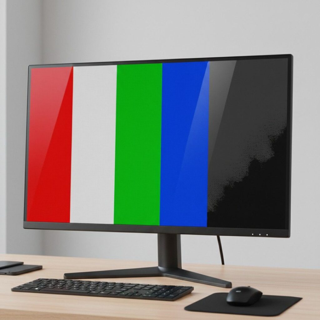 Monitor showing red green blue and white test screens