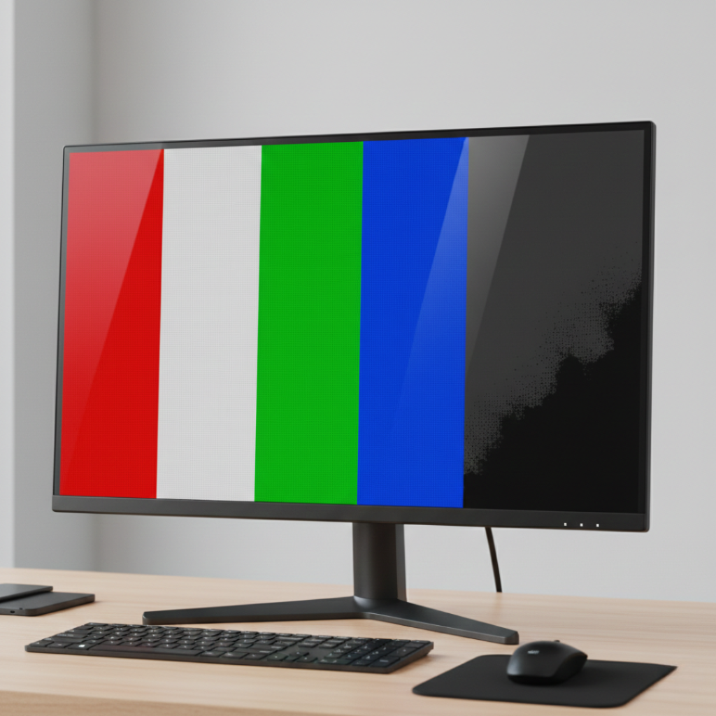 Monitor showing red green blue and white test screens