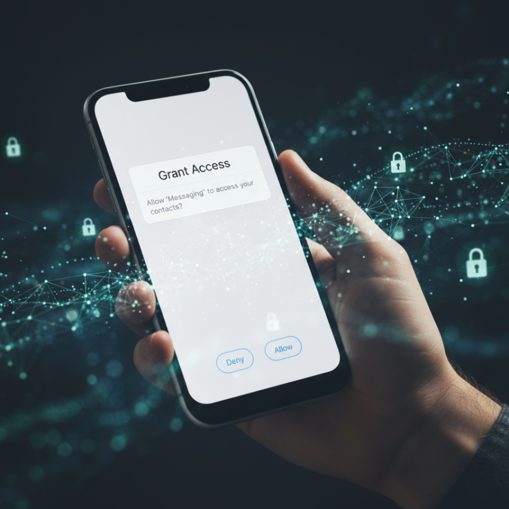 Person reviewing app permission popup on smartphone with digital security symbols