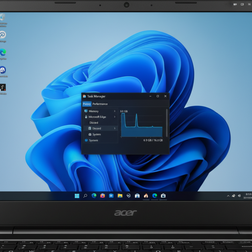 Windows 11 Task Manager showing RAM usage on Acer Aspire laptop