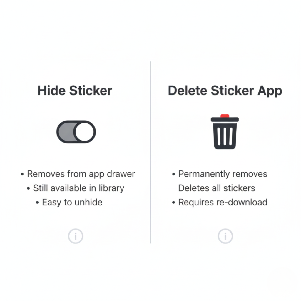 difference between hiding and deleting sticker apps on iPhone