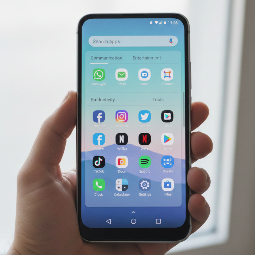 home screen showing app drawer in android open with organized apps