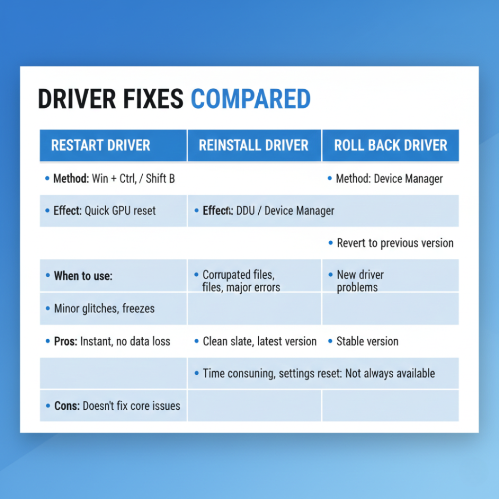 restart driver vs reinstall vs rollback options