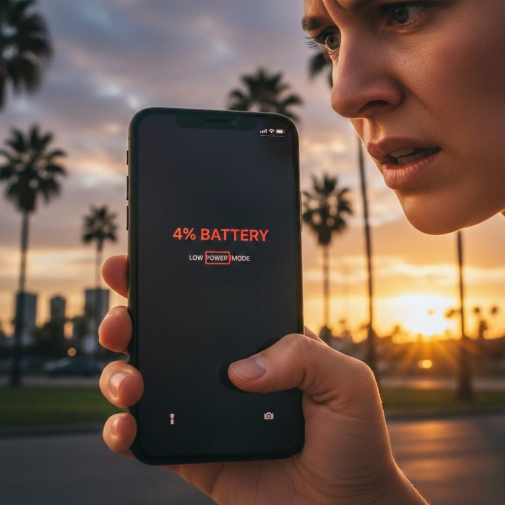smartphone low battery warning outdoors realistic scenario