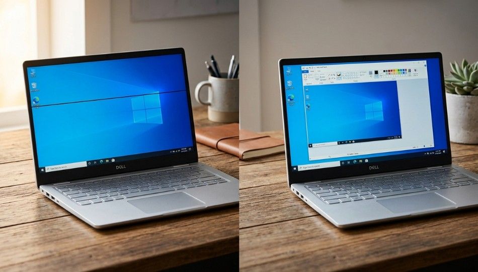 Dell laptop screen showing black line versus clean screenshot in Paint window confirming hardware display defect
