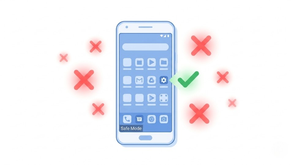 A clean, flat-design illustration showing an Android phone in Safe Mode