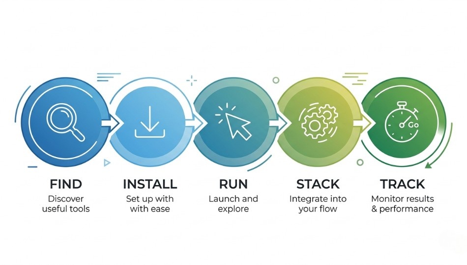 A clean infographic-style illustration of five circular icons connected in a horizontal flow with directional arrows