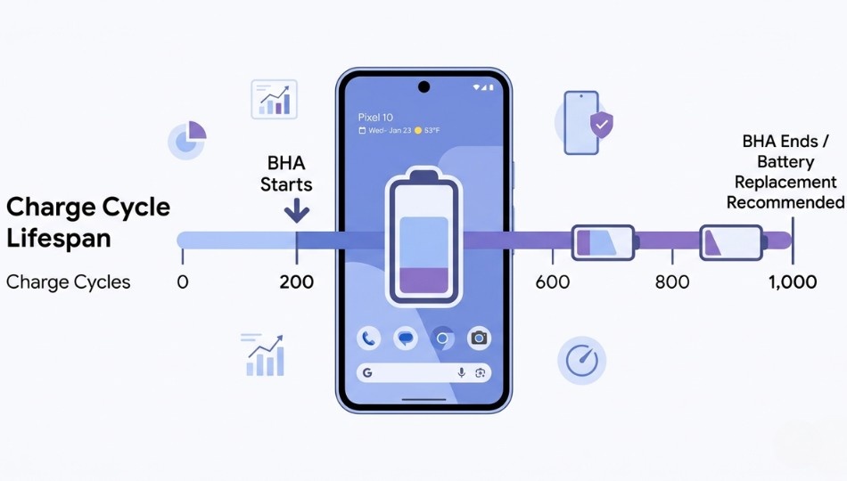 A clean infographic-style illustration showing a Pixel 10 Battery Capacity Reduction