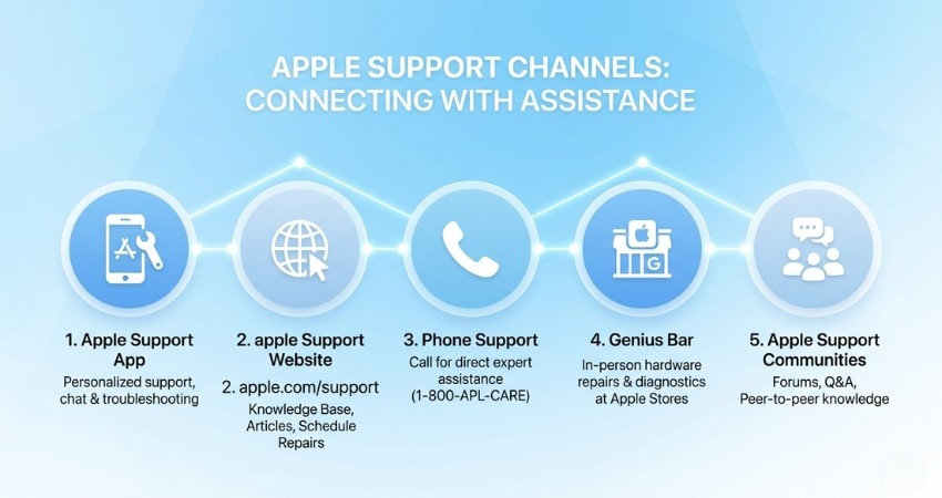 A clean, modern flat design infographic showing five Apple support channels