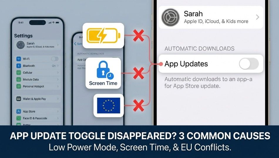 A close-up conceptual illustration of an iPhone Settings screen with three visual warning indicators overlaid