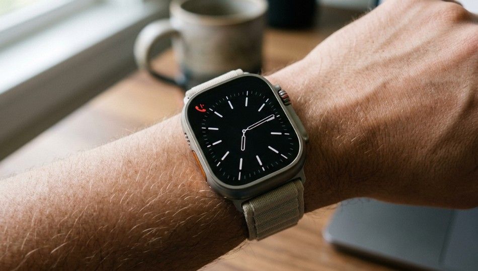 A close-up macro photograph of an Apple Watch on a wrist