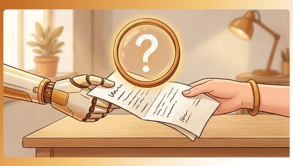 A conceptual illustration showing a robot hand passing a document to a human