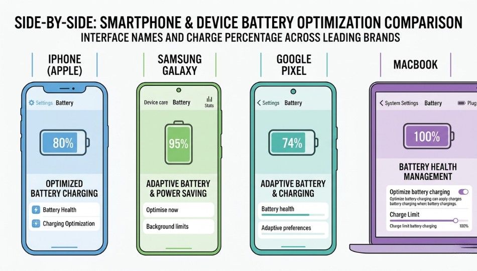 A flat-design comparison graphic showing four smartphonedevice screens