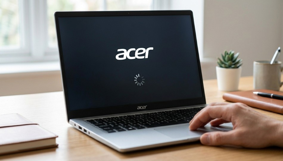 A realistic close-up of an Acer laptop stuck on the loading screen