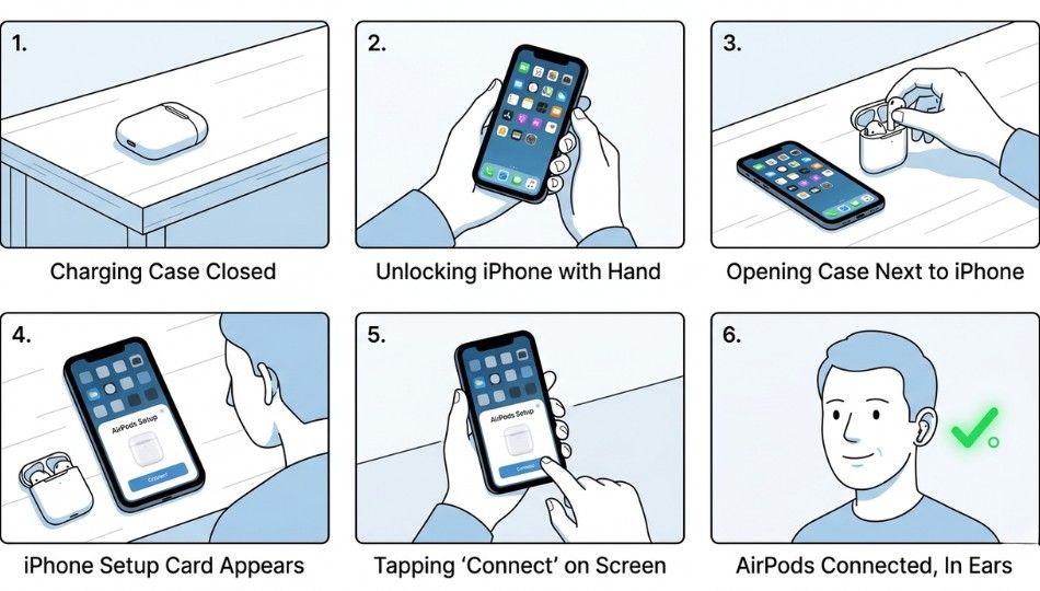 A six-panel illustrated storyboard showing the connection process