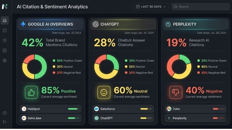 A sleek analytics dashboard mockup showing three panels