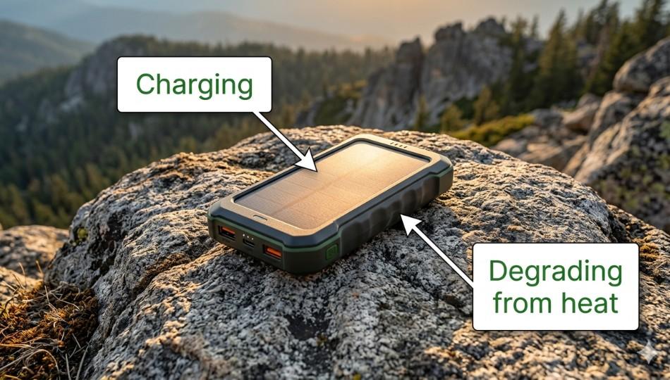 A solar power bank with integrated panel lies flat and face-up in direct overhead sunlight