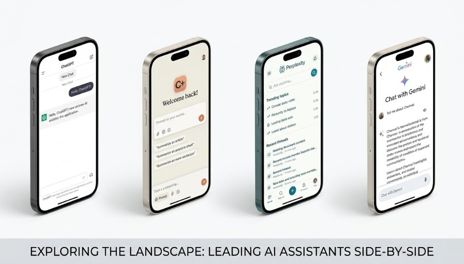A split-screen composition showing four smartphone screens side by side