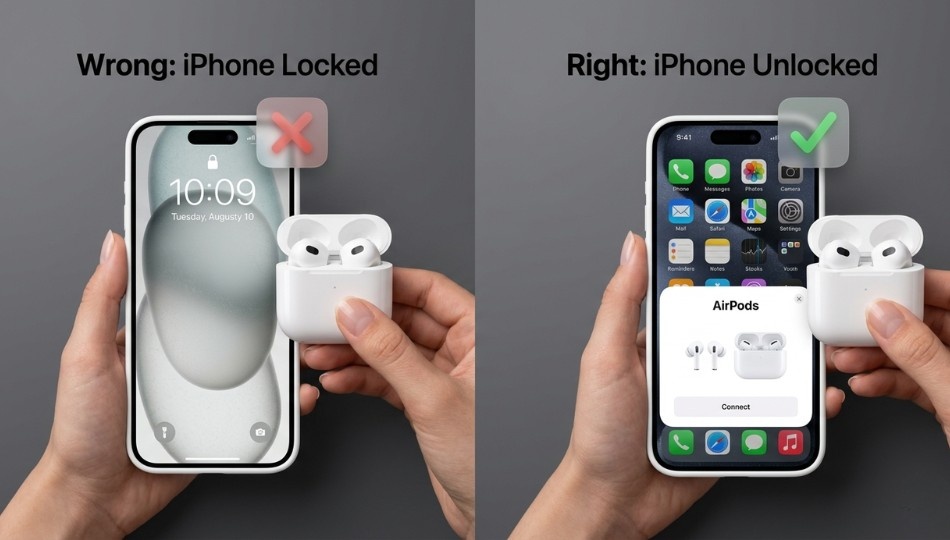 A split-screen mobile UI mockup showing two iPhone screens