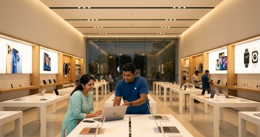 A wide angle shot of a modern Apple Store interior