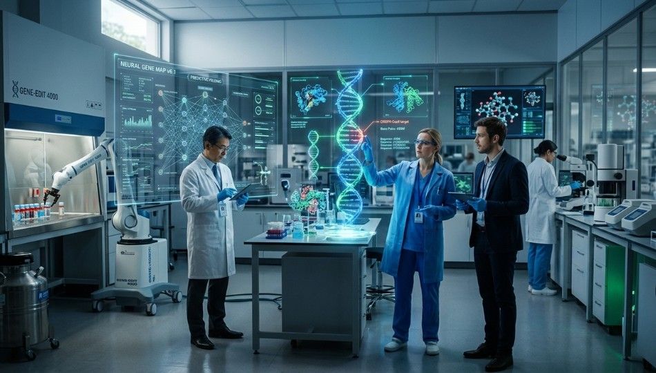 AI-powered biotechnology lab analyzing genomic data