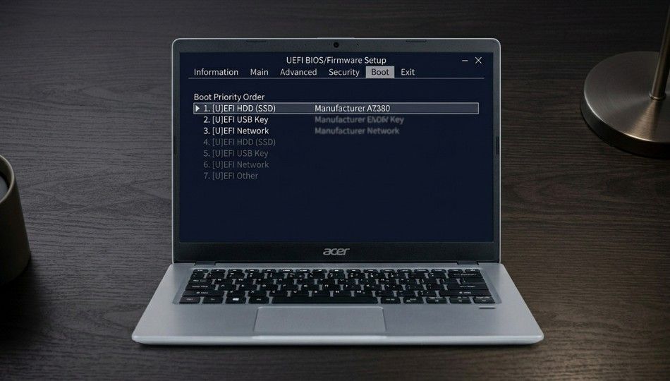 Acer laptop displaying a BIOS_UEFI firmware setup screen