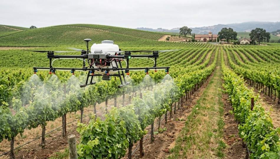 Agricultural-drone-performing-precision-spraying-over-a-California-vineyard-using-AI-targeted-application-technology