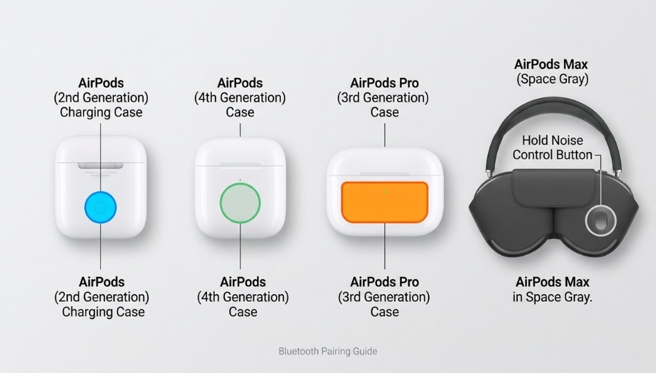 An infographic-style flat-lay showing four AirPods cases