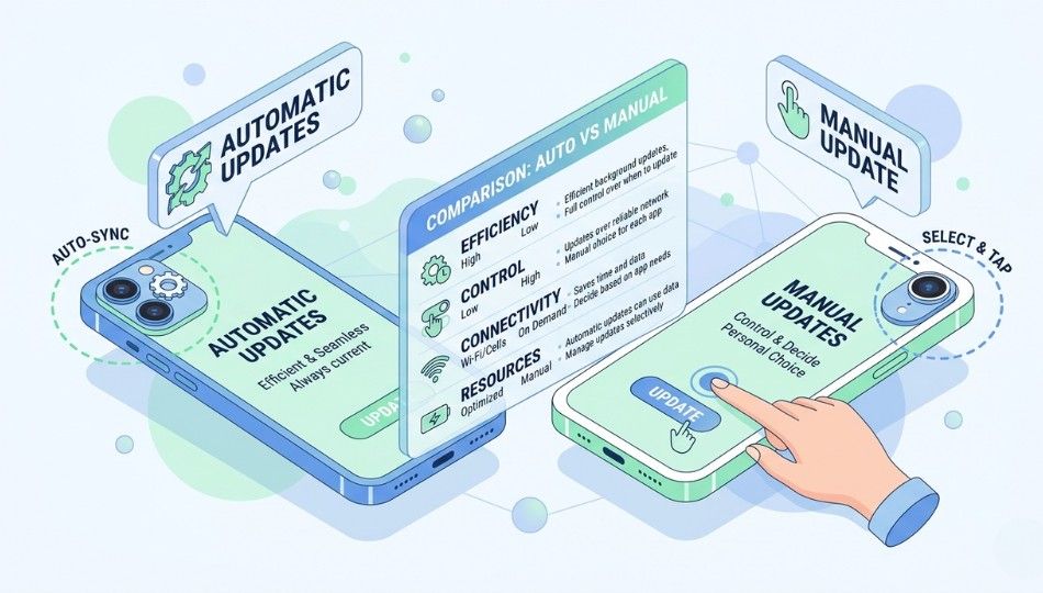 An isometric illustration of two stylized iPhones floating in a light blue-white space