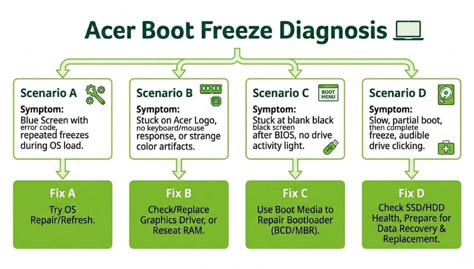 Clean flat-design digital illustration of a troubleshooting flowchart
