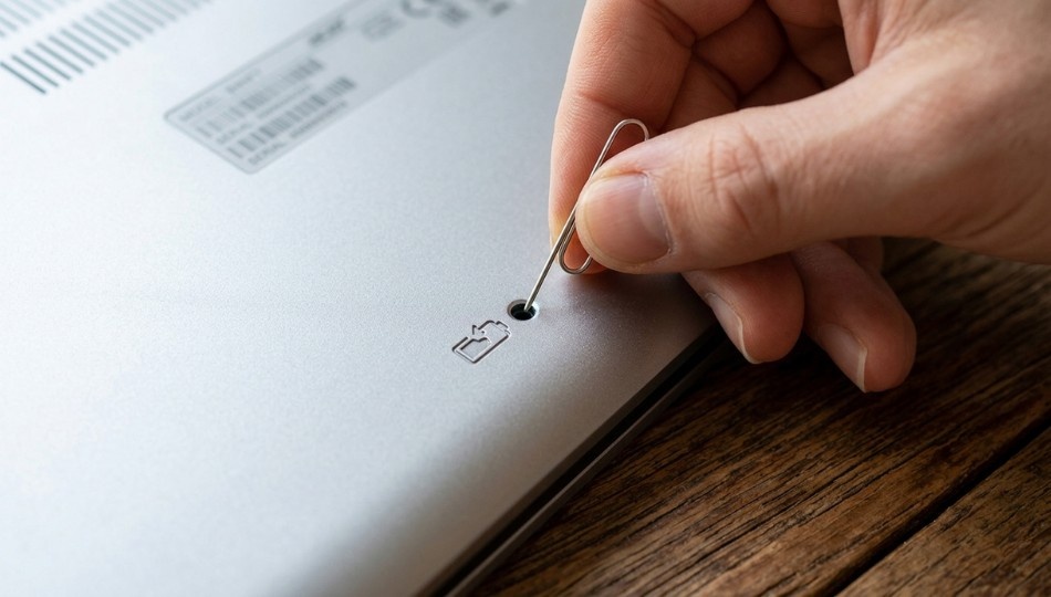 Close-up macro photograph of the bottom panel of a modern silver Acer laptop