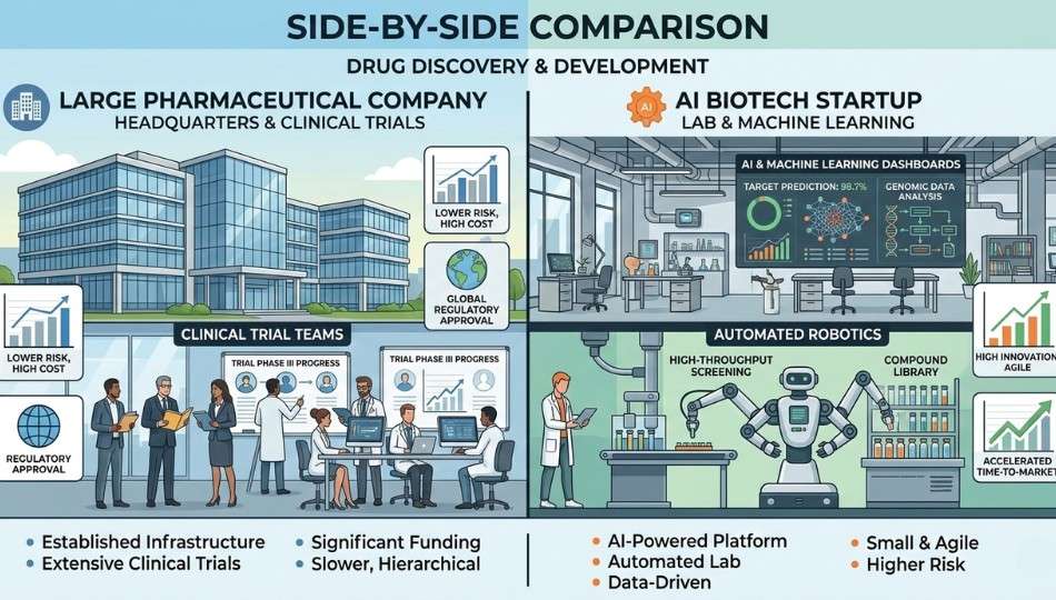 Comparison of traditional pharmaceutical company and AI biotech startup drug discovery model