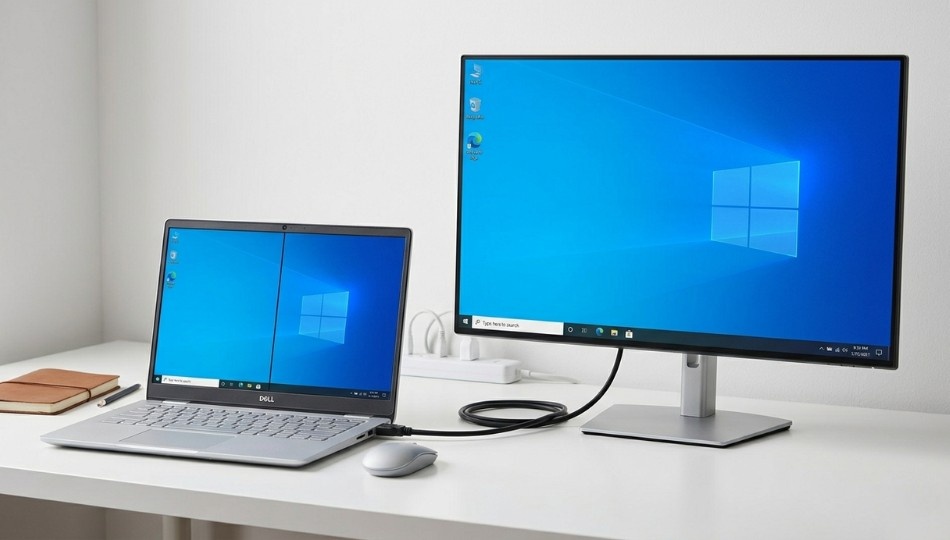 'Dell laptop with black screen line connected to clean external monitor via HDMI confirming internal LCD panel fault