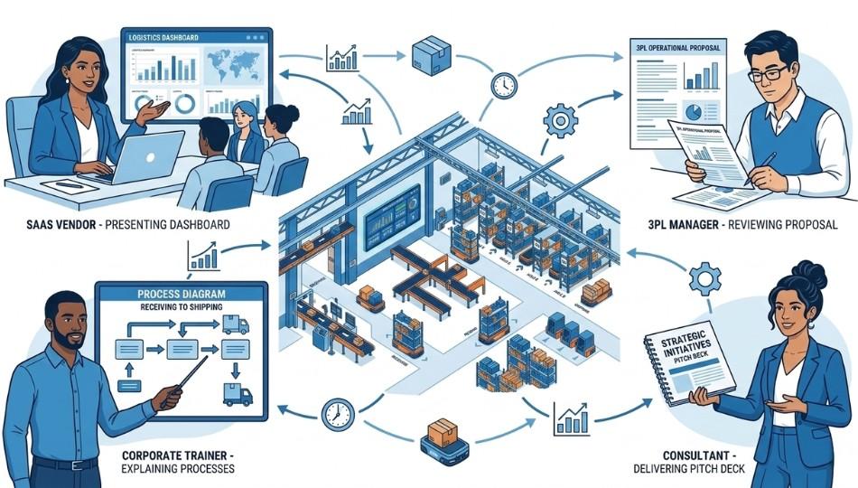 Flat vector graphic showing four professional archetypes using warehouse illustrations