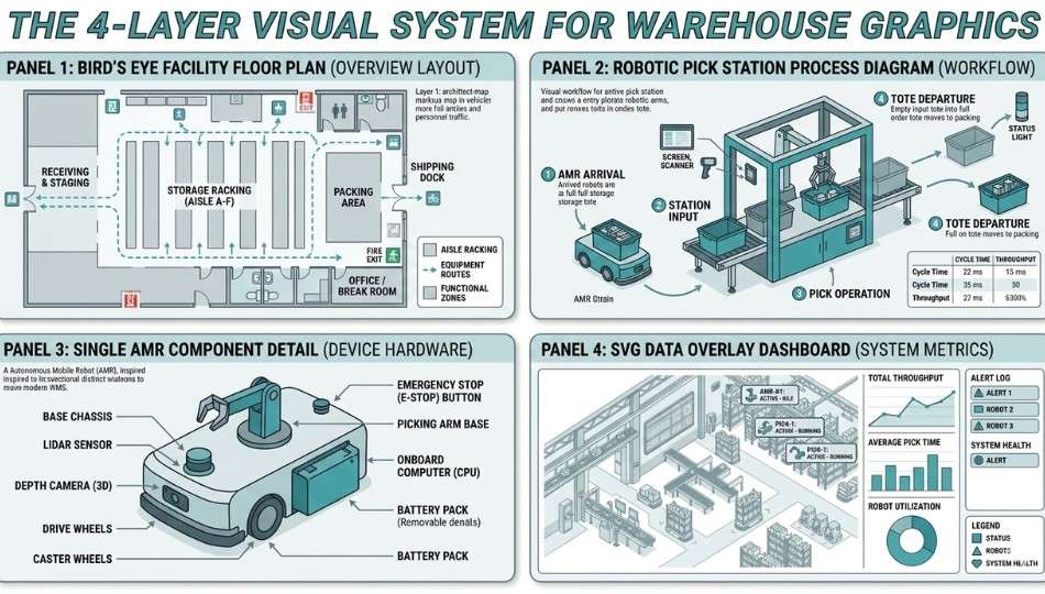 Four-panel flat vector infographic showing the 4-Layer Visual System for warehouse graphics