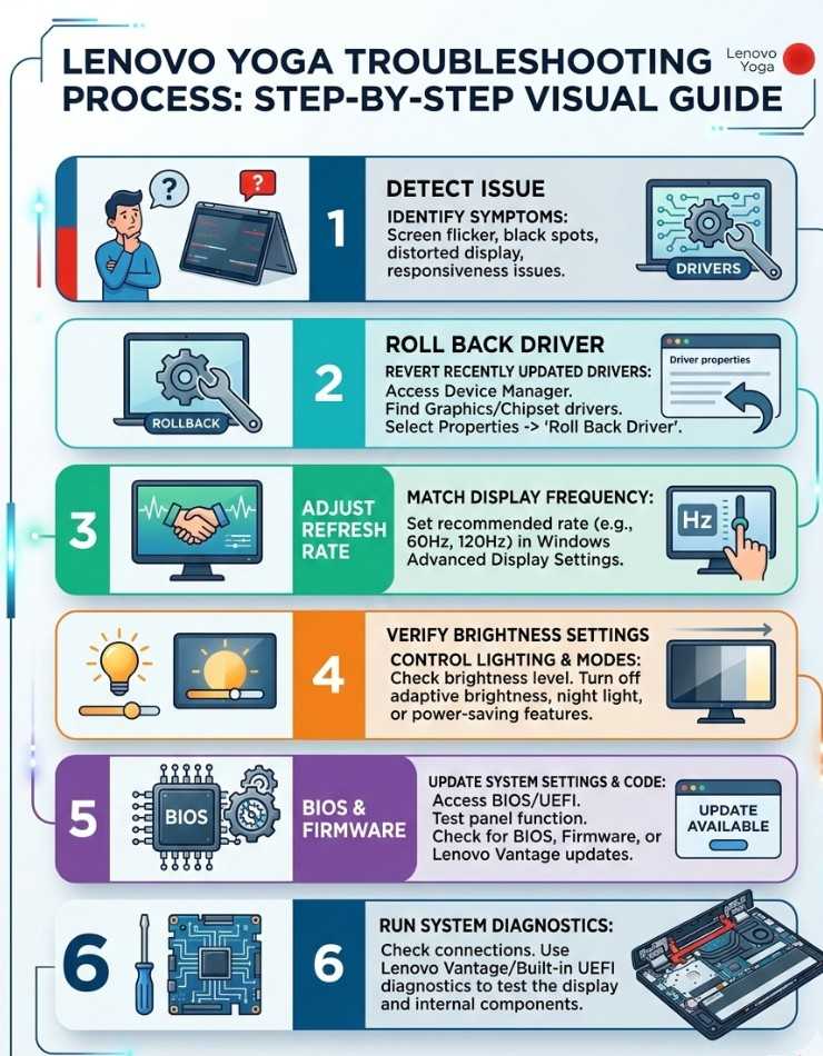 Lenovo Yoga screen flashing troubleshooting steps infographic