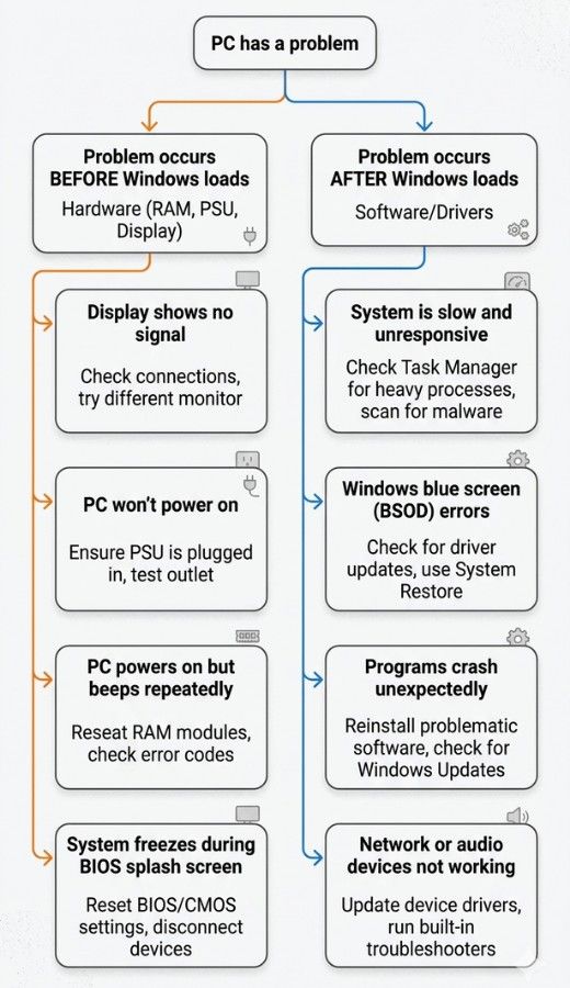 PC troubleshooting decision tree how to determine if a computer problem is hardware or software