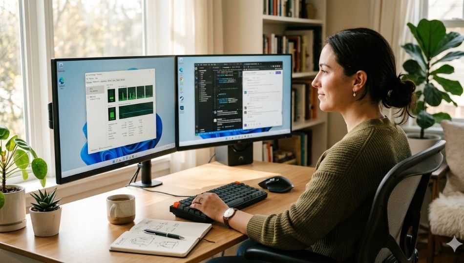 Person reviewing Windows 11 Task Manager on a home PC during basic troubleshooting
