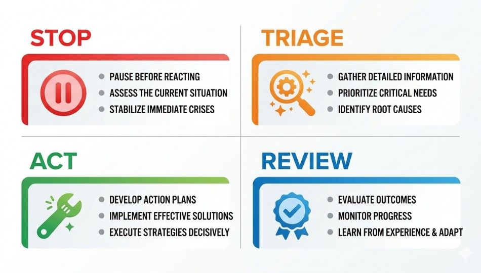 STAR Framework for PC troubleshooting for Stop, Triage, Act, Review four-step diagnostic process