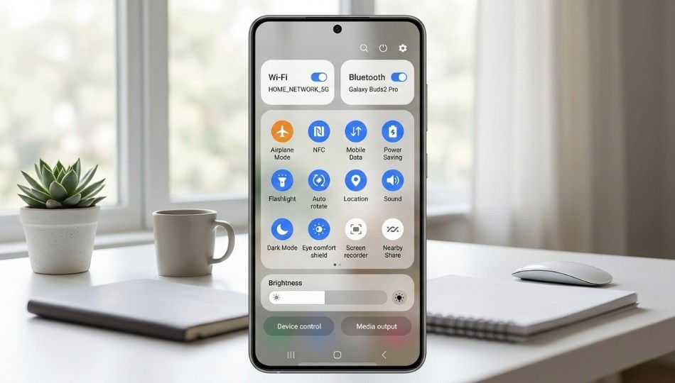 Samsung Galaxy Quick Settings panel with Wi Fi, Bluetooth, NFC and Airplane Mode icons